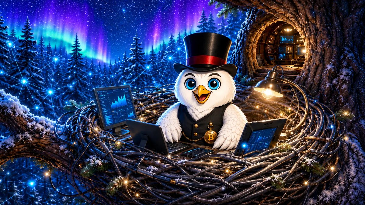Snowy the owl at his desk deep in the Nest, aurora and a starlit connected forest outside
