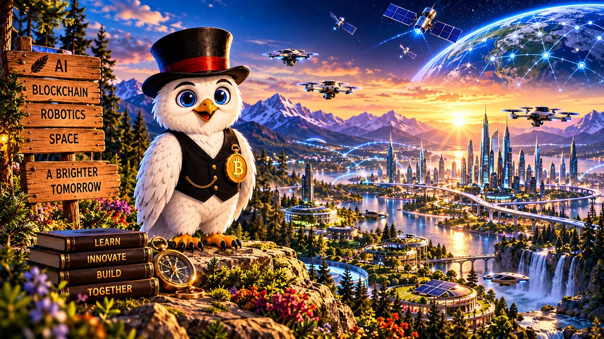 Snowy the owl overlooking a connected world where AI, blockchain, robotics and global connectivity converge — The Economic Singularity