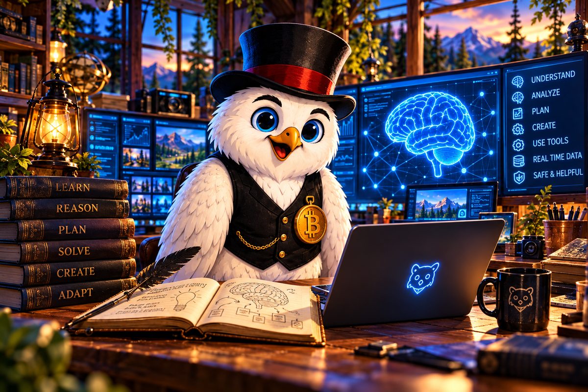 Snowy the owl at a desk with AI, learning, reasoning and planning icons on surrounding screens — AI: The Intelligence