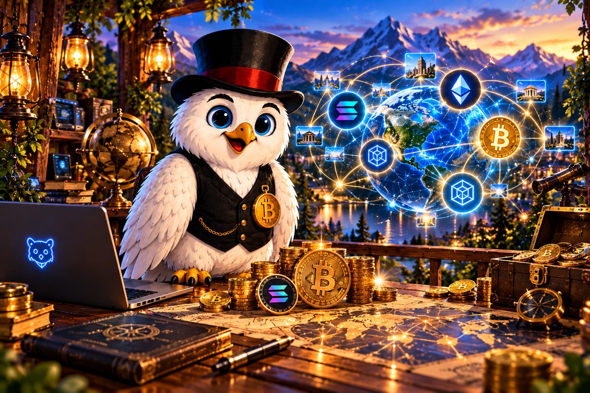 Snowy the owl surrounded by connected blockchain and digital ownership network graphics — Blockchain: The Digital Economy
