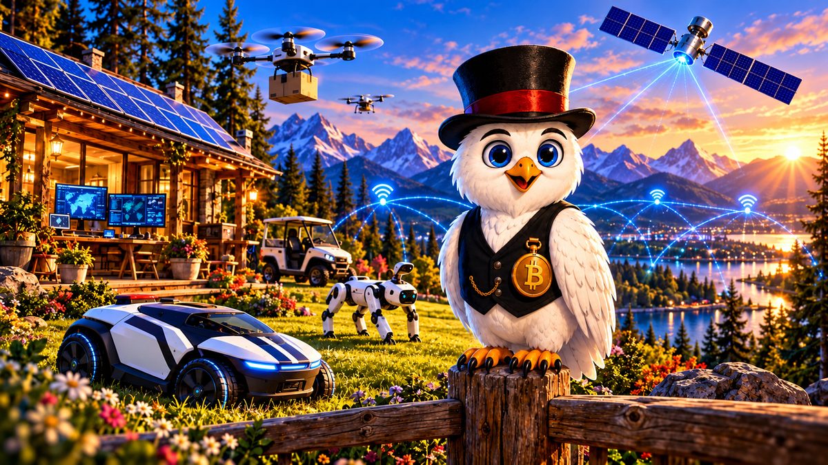 Snowy the owl with a robotic mower, drones and satellites overhead — Robotics and Global Connectivity